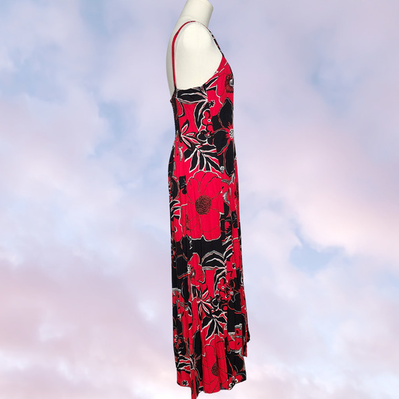 Vtg Y2k Serendipity Maui Red Black Floral Hibiscus Tropical Sun Dress Sz M - Picture 3 of 8